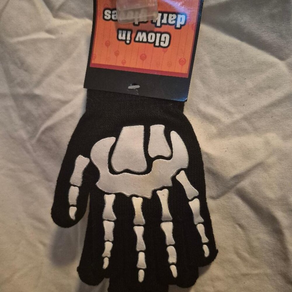 Goth Winter GLOW SKELETON HAND BONE GLOVES Black/White Stretch Knit